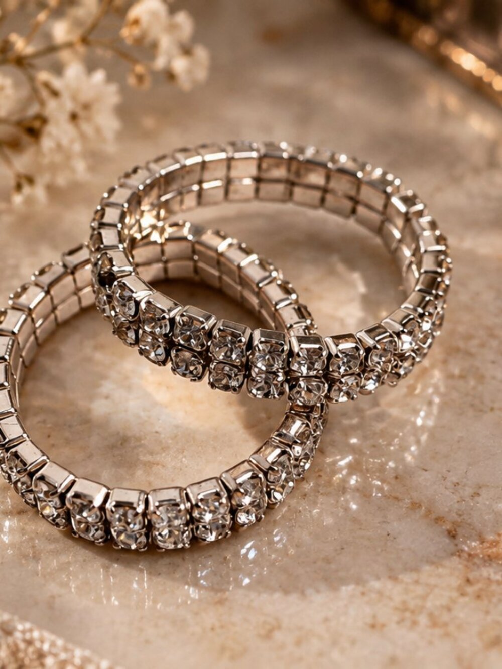 Set of 2 Silver-Tone Rhinestone Stretch Rings